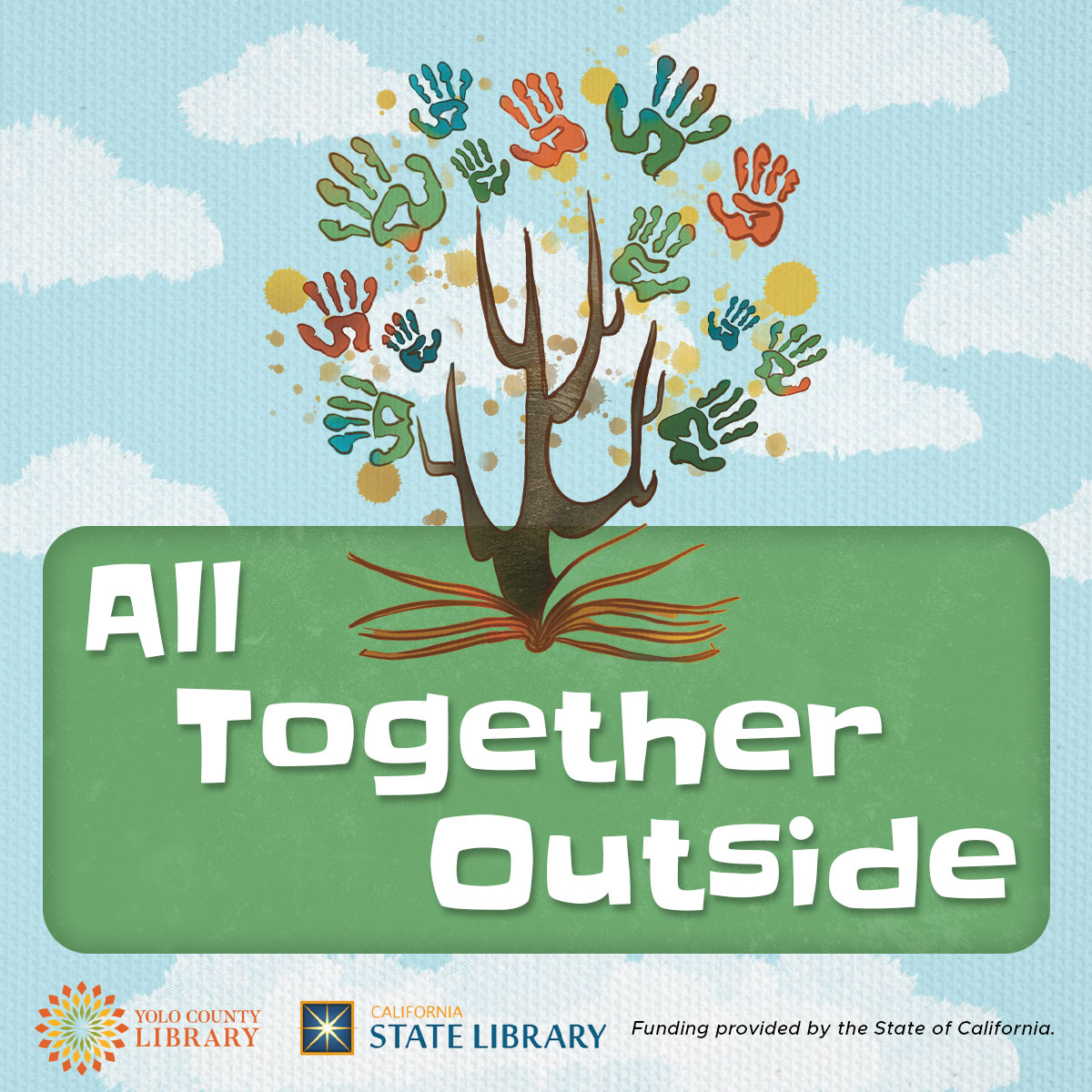 illustration of a tree made with handprints with a blue sky background