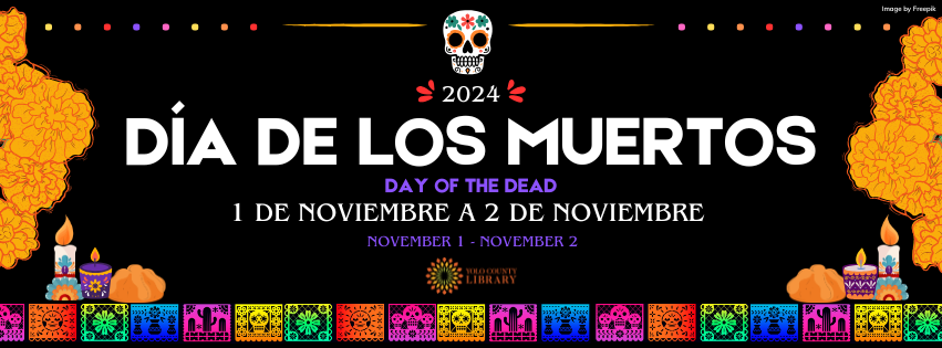 Decorative day of the dead banner with candles, deocrative skulls, and orange marigolds.