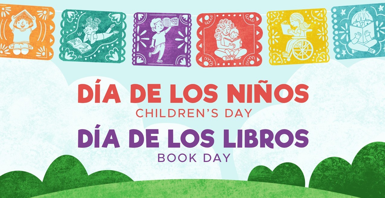 Watercolor blue sky, green hills, and colorful papel picado with text 