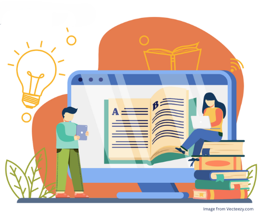 Illustration of a man holding an ipad in front of a giant computer with a book on its screen, and a woman on a laptop sitting on a stack of giant books.
