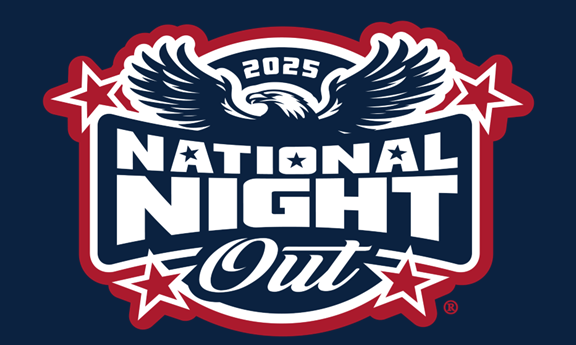 Navy blue background with National Night Out logo depicting a bald eagle and stars in red, white, and blue 