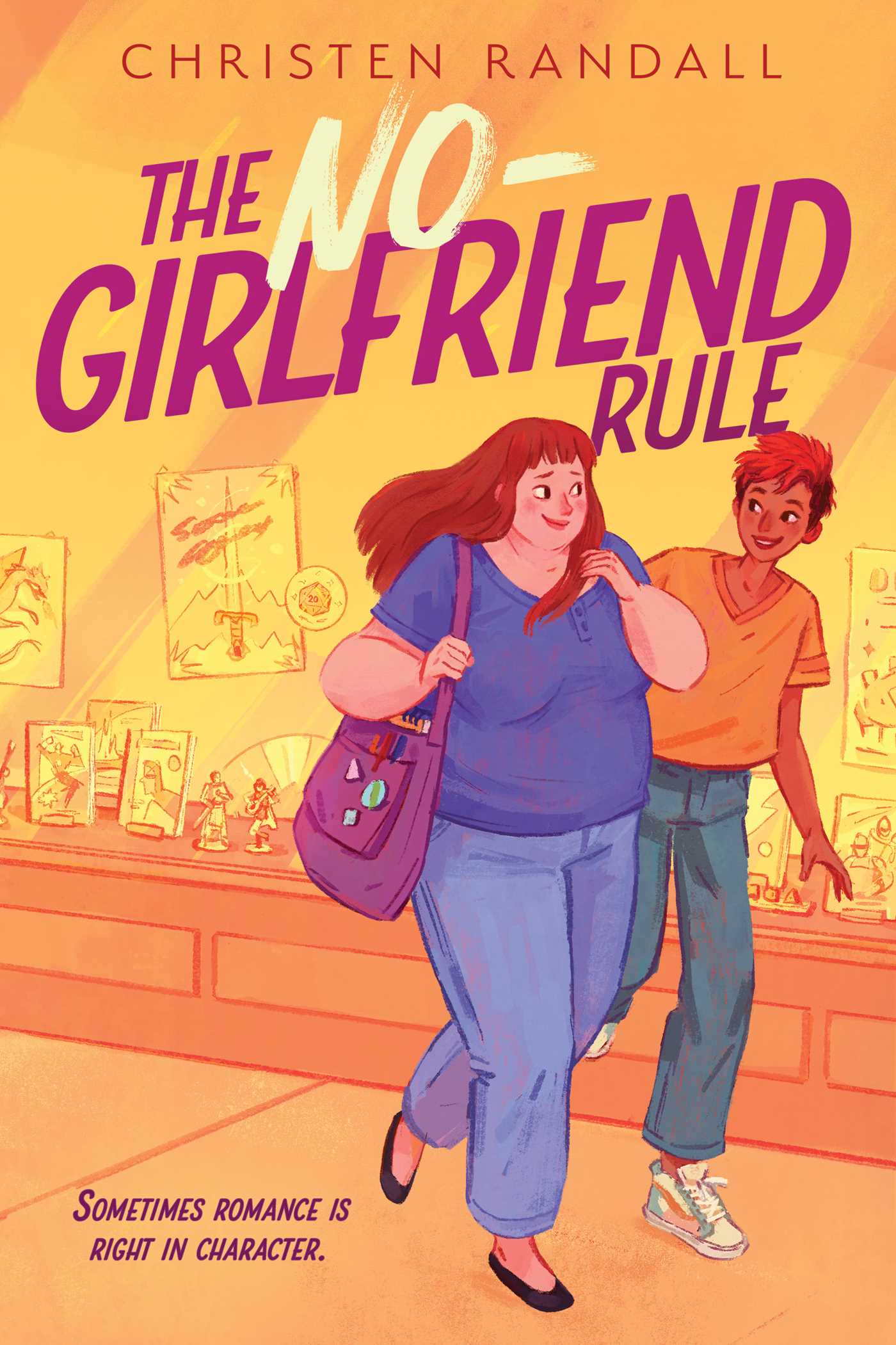 Two illustrated women, one fat with long light brown hair and pale skin and the other skinny with short dyed red hair and brown skin, walking in front of a warmly lit card game store smiling at one another..