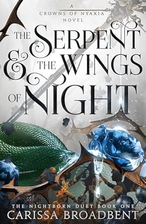 White and silver background with fantasy sword behind green snake moving over brambles with thorns and blue roses.