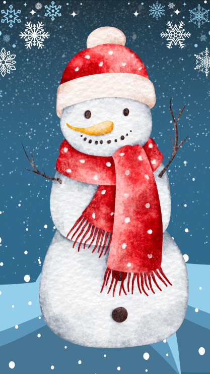 Watercolor snowman with had and scarf in a blue wintery landscape