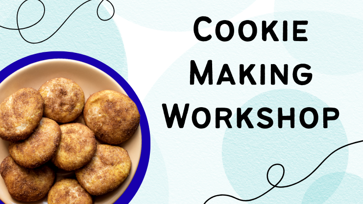 Cookie making workshop. Top-down photo of snickerdoodle cookies on a plate over a soft blue watercolor background