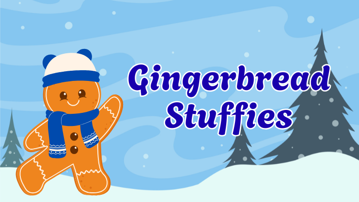 Gingerbread Stuffies. Gingerbread man with blue scarf and beanie smiling and waving in a snowy cartoon landscape