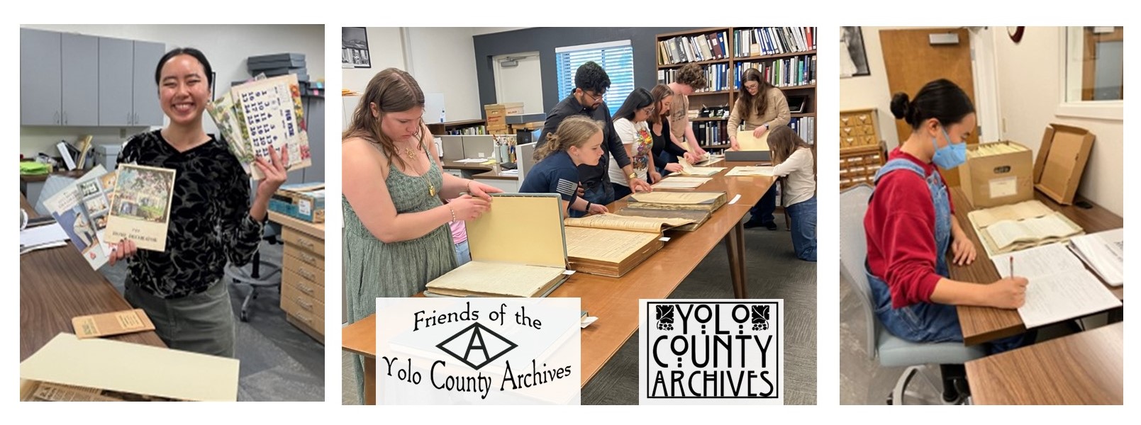First image: young woman with her black hair tied back holding up six books and smiling. Second image: A group of students of various ages looking at large historical books laid out on a long wooden table in an archive room. Third image: Young woman from first image with a mask and hair tied in a bun sittting at a wooden desk looking at historical papers and taking notes in a notebook. 