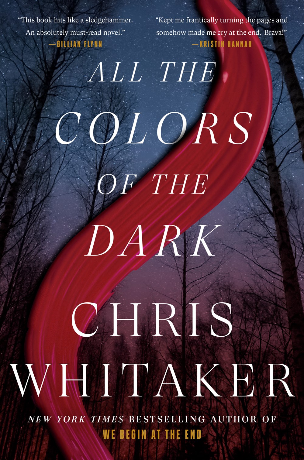 Stroke of thick red paint over forest at night with dark pine silhouettes and bluish purple starry sky