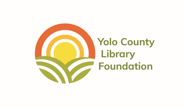 Yolo County Library Foundation logo showing several concentric circles arranged to look like a yellow-orange sun rising over green hills