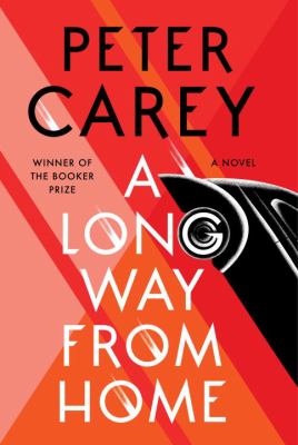 A bright red, pink, and orange geometric background with the back half of a vintage car speeding at a down angle on the right side.