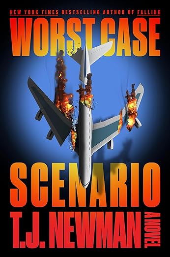 Dramatic overhead shot of an airplane falling apart and on fire.