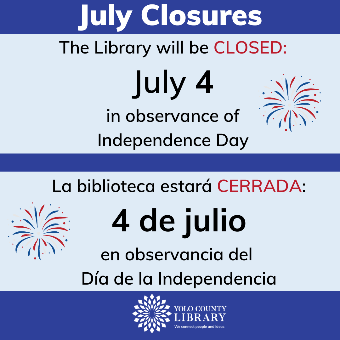 Library closed for Fourth of July. Light blue background with American flags and red and darker blue fireworks.