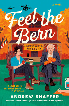 A brunette woman and Bernie Sanders sit in lawnchairs in front of a red farmhouse with drones in the sky.