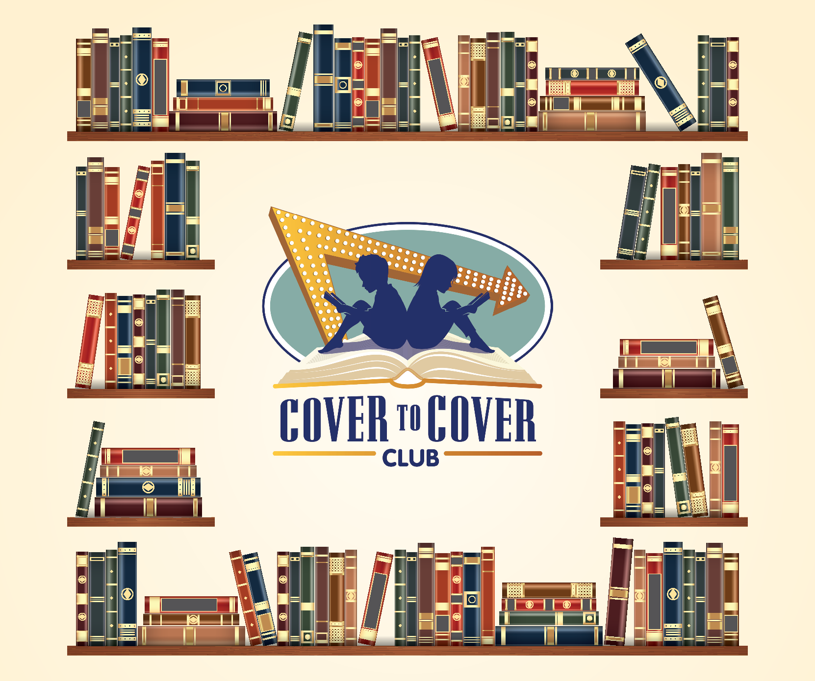 Bookshelves framing the in-n-out cover-to-cover logo