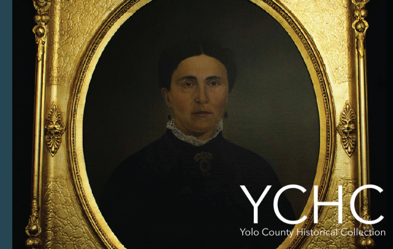 Resored painting of a white woman with black hair tied back and simple black dress in a gold frame