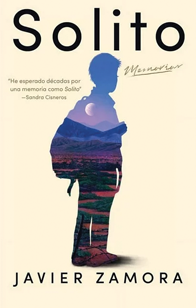 Cream colored background with a purple sky and hills overlaid on the silhouette of a boy with a backpack