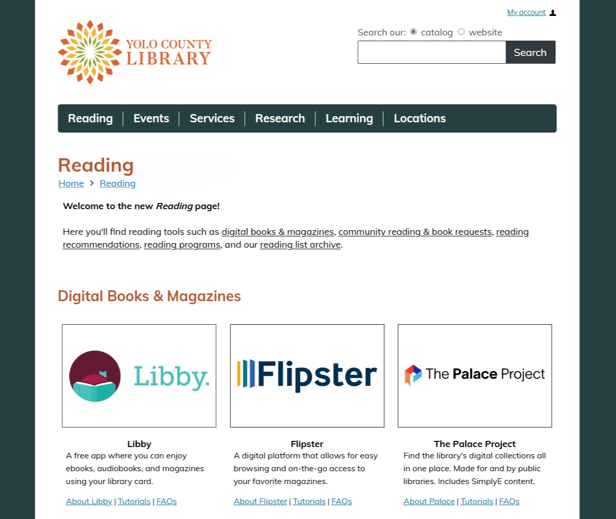 Yolo County Library's reading page, showing the logos for Libby, Flipster, and The Palace Project under the heading 