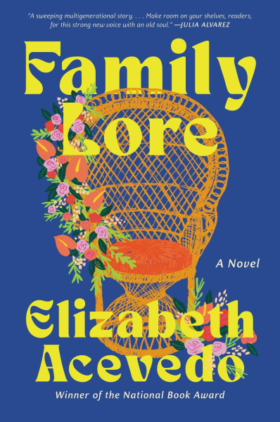 Bright blue background with a wicker chair covered in flowers