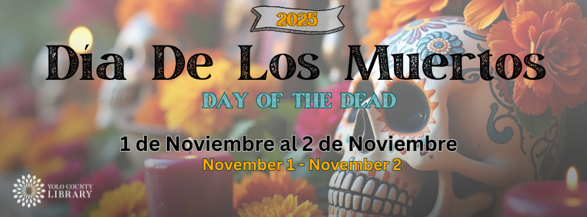 2025 Día de los Muertos. Day of the Dead. 1 de Noviembre al 2 de Noviembre. November 1 - November 2. Photo of decorated sugar skulls, orange marigolds, and red altar candles.