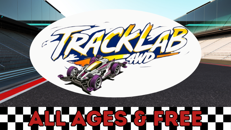 Tracklab 4WD logo over a racecourse. All Ages & Free