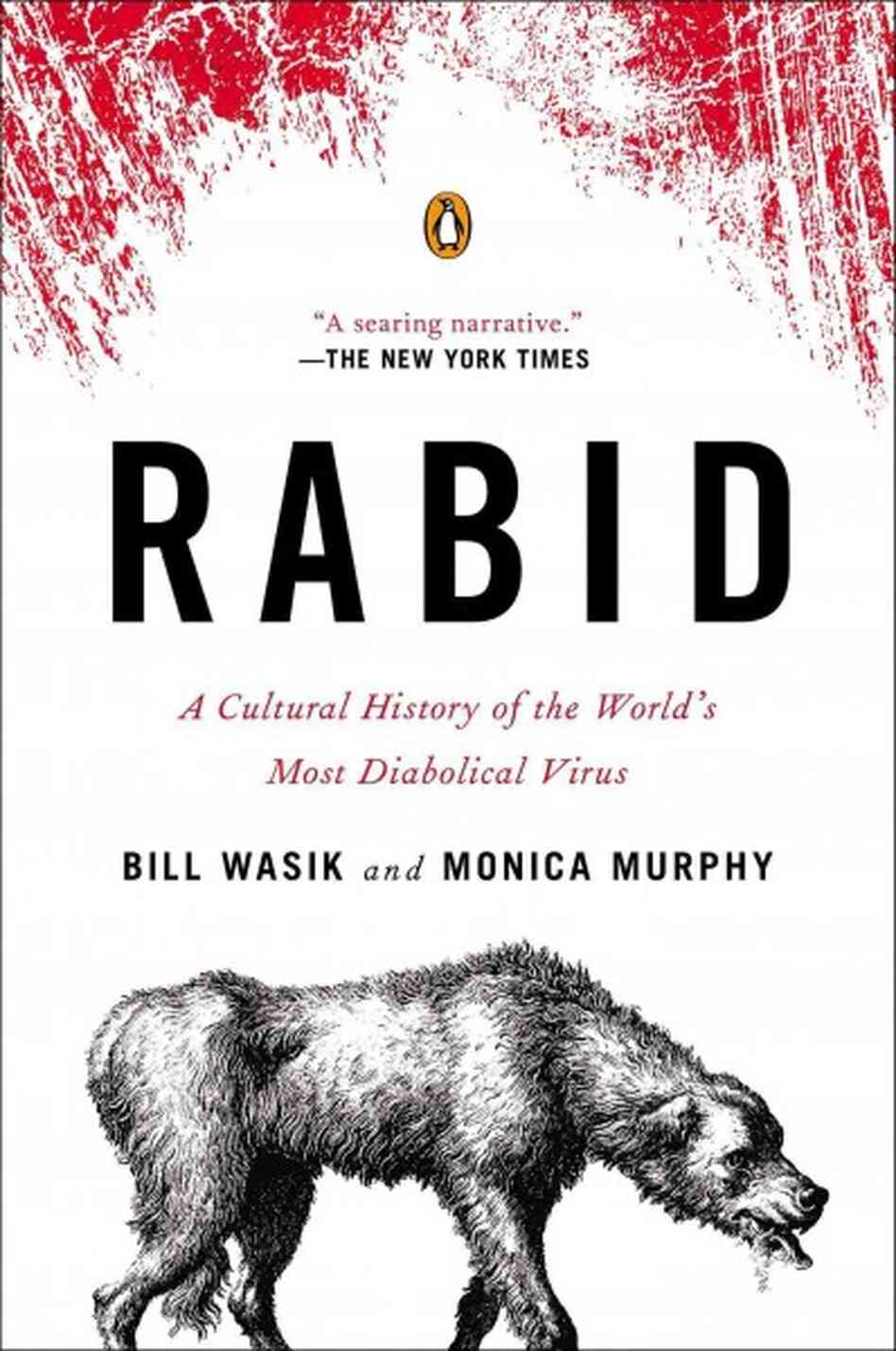 Mangey dog with tail tucked and head bent, salivating through open mouth. Top corners of cover are marked with red bloodstains.