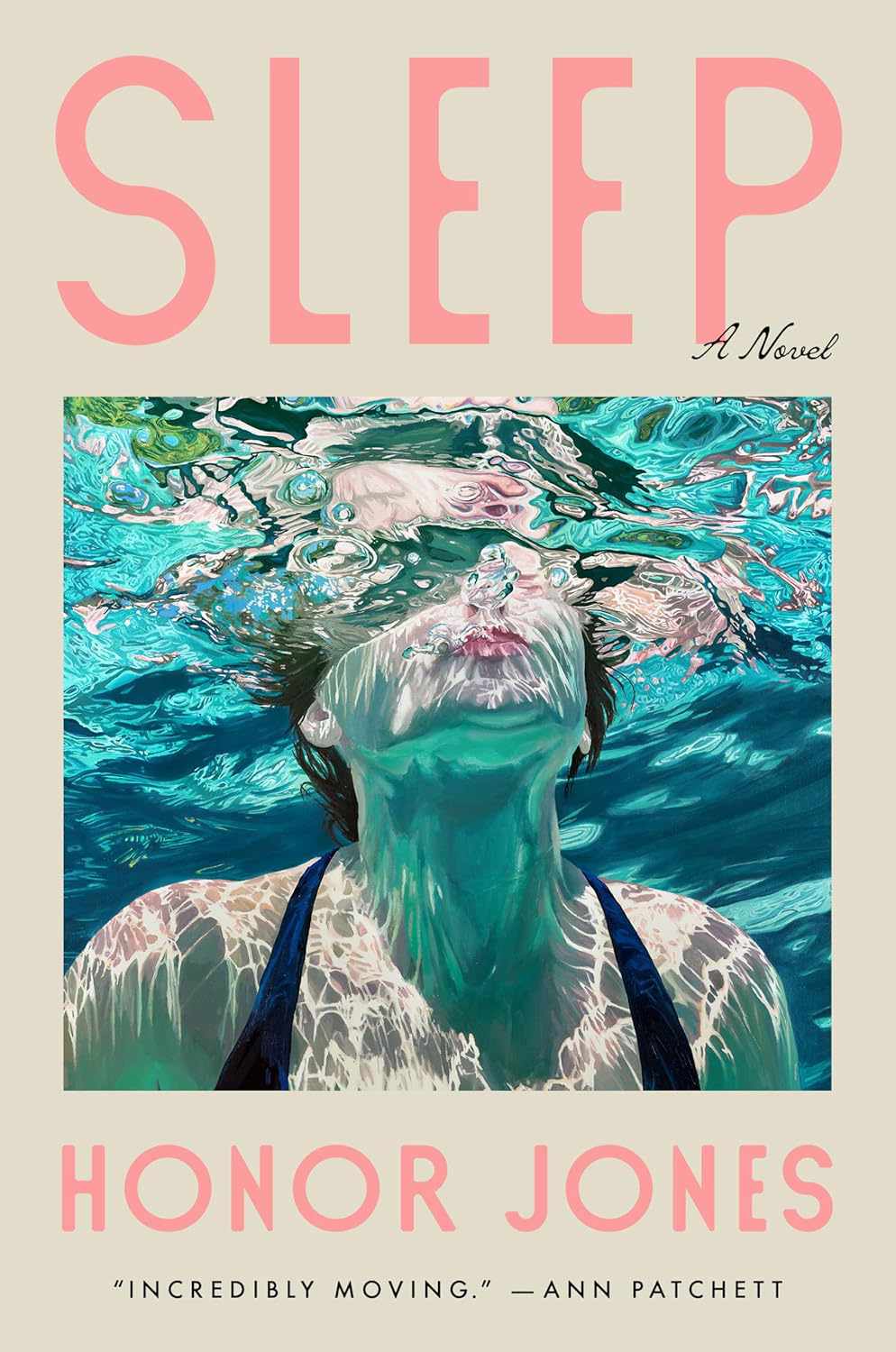 Realistic painting of a white woman's lower face and shoulders underwater, her face reflected and distorted by the surface of the water. 