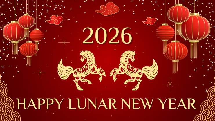 2026 Happy Lunar New Year. Red Chinese lanterns surrounded by gold stars in the top corners. Water pattern in the bottom corners. Two gold paper cut horses under 2026. 
