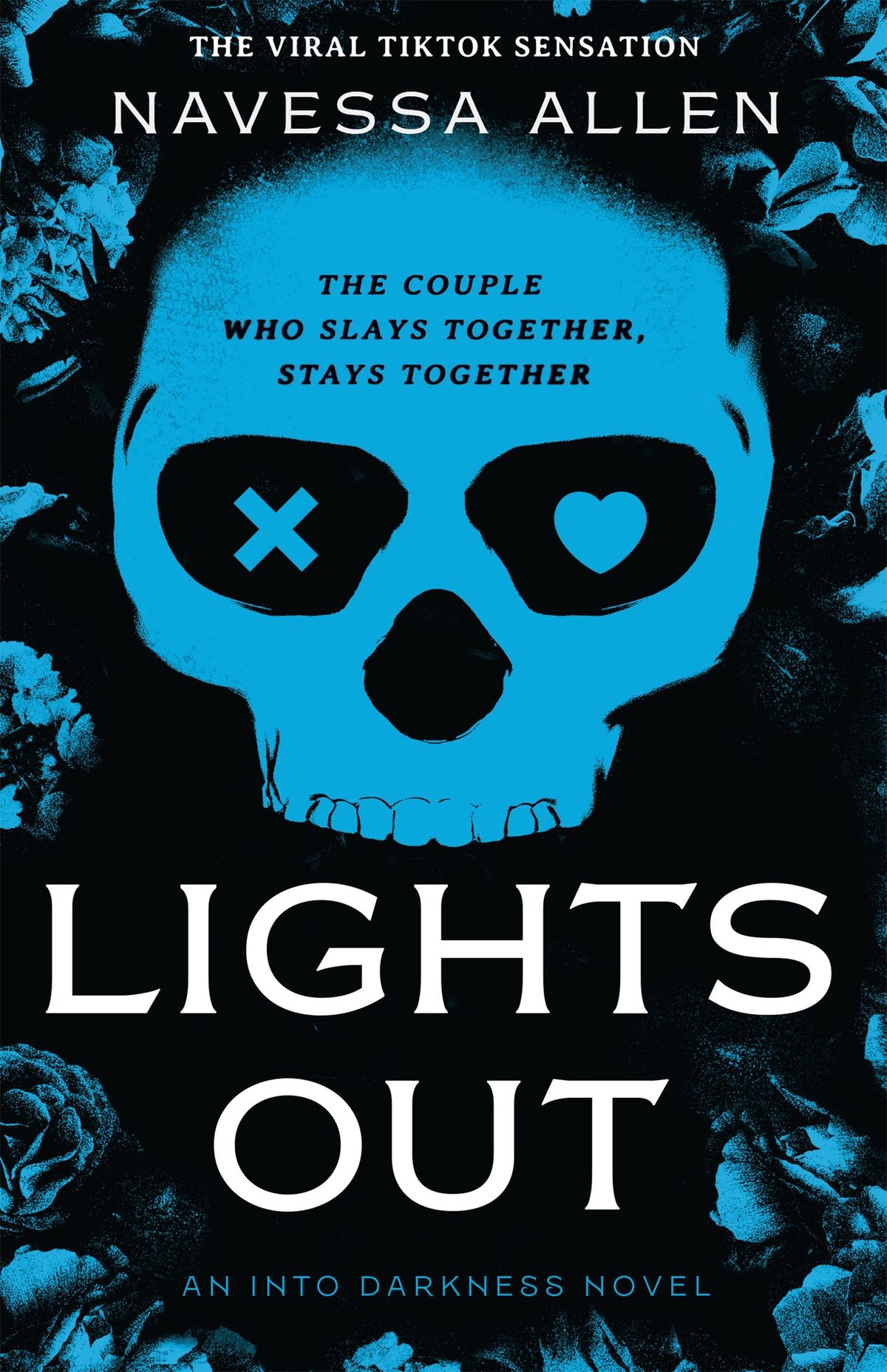 Black background and bright blue human skull with an x in one eye cavity and a heart in the other.