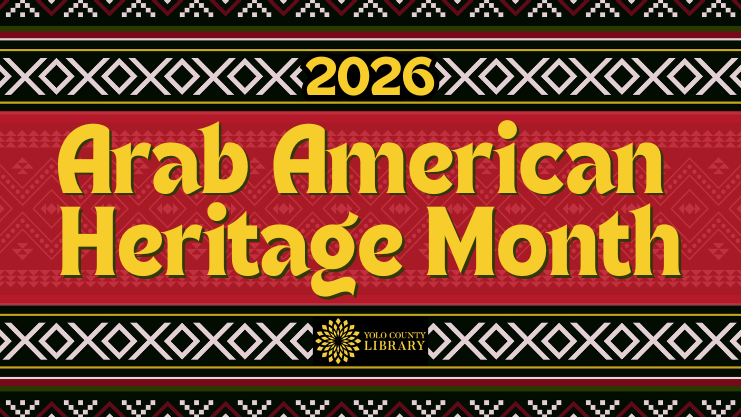 Traditional red, green, black, and white Arab weaving pattern with yellow text 