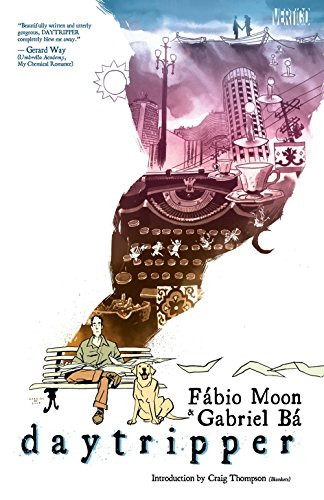 Watercolor cartoon image of a thin man sitting on a park bench with a labrador beside him and a billowing plume of color rising behind him containing a collage of a typewriter, city, and an ocean