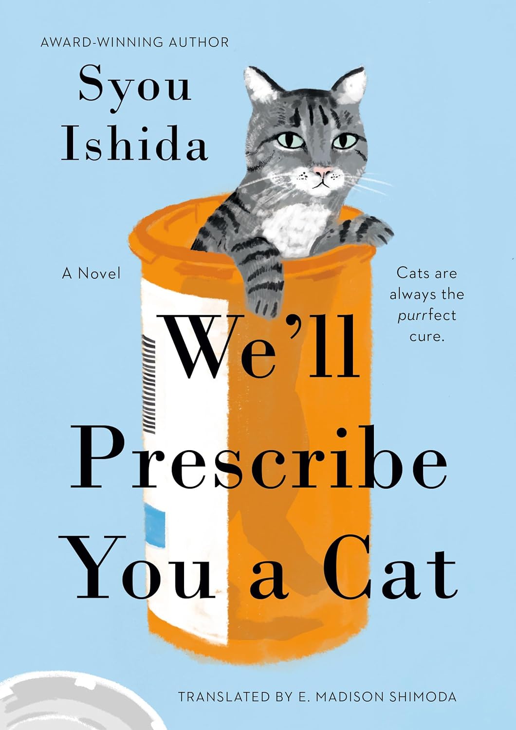 Painting of a grey cat climbing out of an orange prescription pill bottle over a plain light blue background