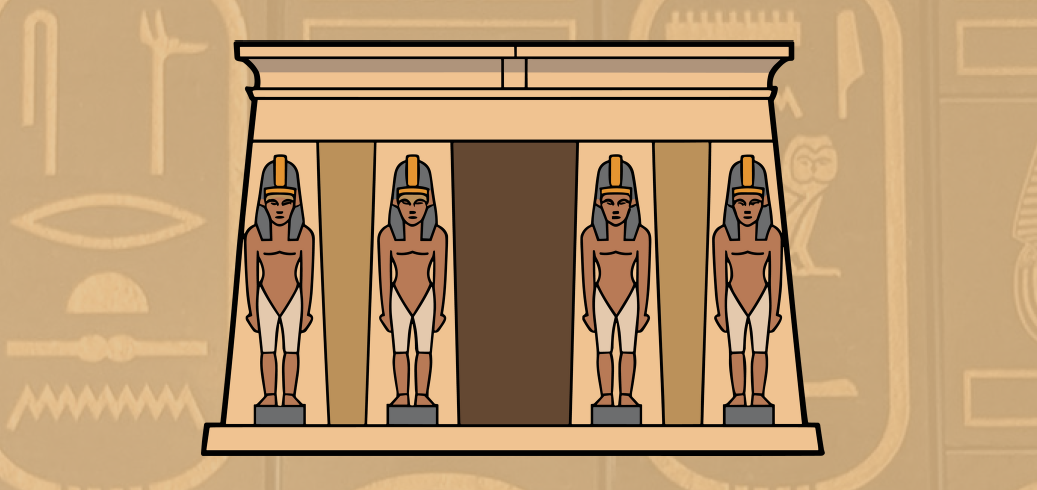 Cartoon illustration of an Egyptian building with statues of Pharaohs in front of each pillar. 