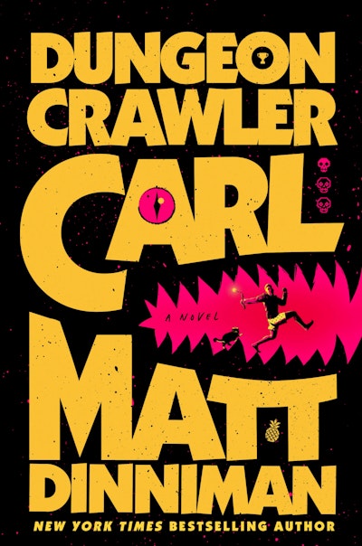Black background and bold all-caps yellow text distorted around a jagged pink shape that looks like a mouth with a small man running inside of it.