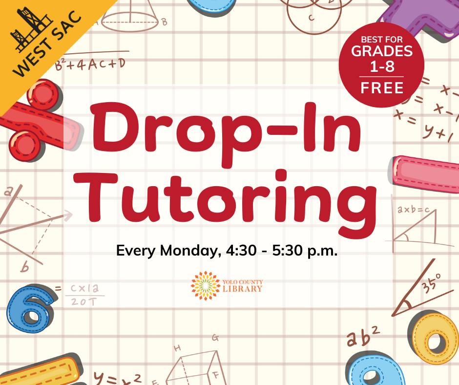 Drop-In Tutoring. Best for Grades 1-8. Brightly illustrated mathmatical symbols, numbers, and equations over a graph paper background.