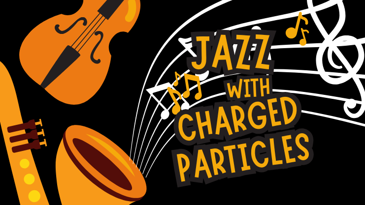 Orange saxaphone and violin over black background with white music notes emenating from the instruments. Jazz with Charged Particles.