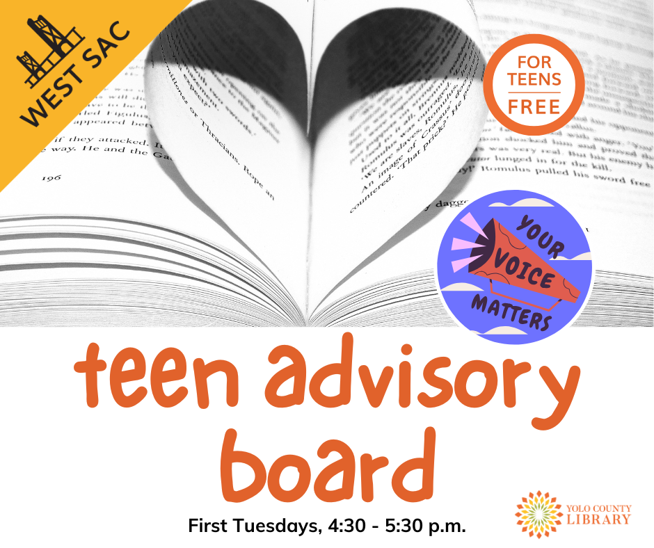Teen Advisory Board. Your Voice Matters. Photo of open book with pages tucked into the spine crease to form a heart.