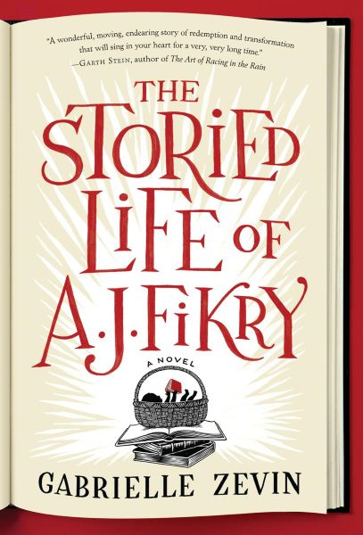 Open book page with title in a quirky red font over a black and white illustration of a baby in a basket on top of a stack of books.