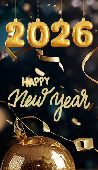 2026 Happy New Year. Gold confetti and baubles flying over a dark background