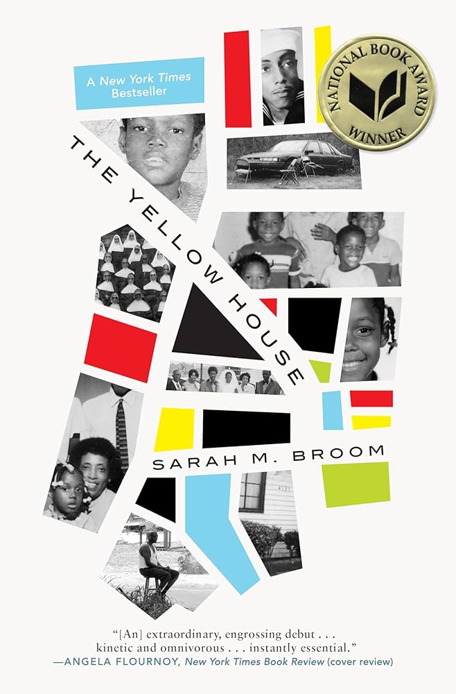 Collaged black and white photographs of a young Black boy, a young Black girl, the girl and her mother with a man in the tie standing behind her, the family car, a group of kids in a classroom, a teenager sitting on a stool on a street corner, and an outside corner of a white house with flat blocks of color interspersed between the photos.