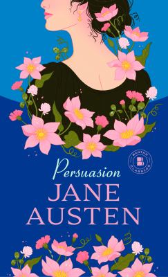 Bust of a young white brunette woman from behind in a simple brown dress covered in pink, six-petaled flowers with winding green stems.