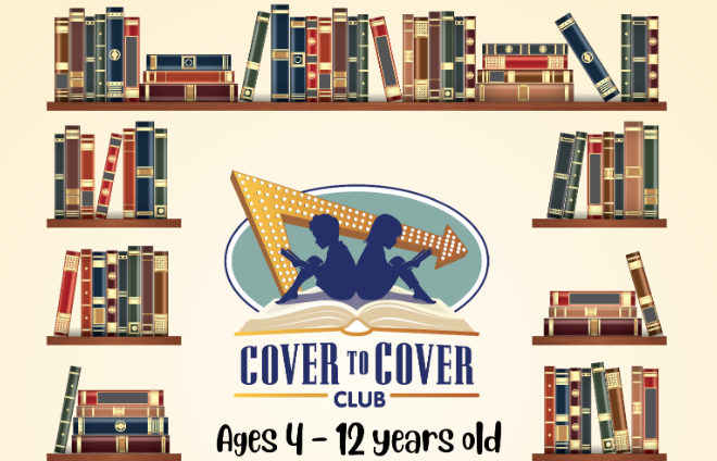 In-N-Out Cover to Cover Club logo featuring the silhouette of a boy and girl reading books while sitting on an open book with the In-n-Out logo behind them. Ages 4-12 years old.