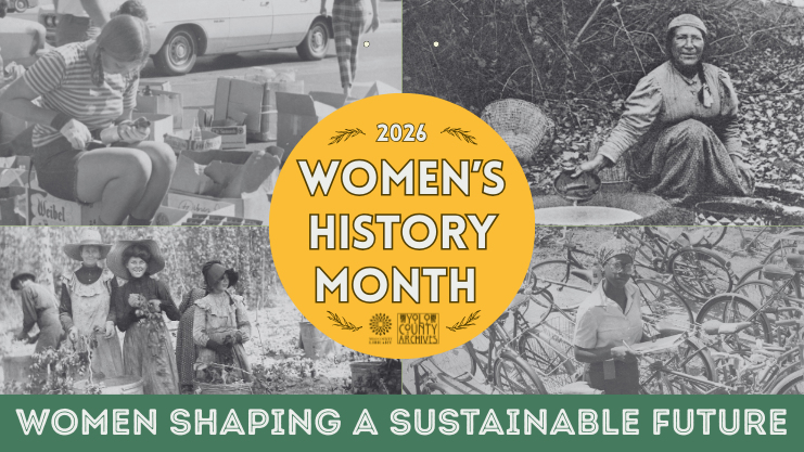 Four archival images: Top left corner shows a young white woman in shorts and a striped shirt surrounded by boxes as she sifts through recycling. Top right corner shows an older Patwin woman leeching acorns. Bottom Left shows three white women picking hop. Bottom right shows young African American woman holding a clipboard while surrounded by bikes.