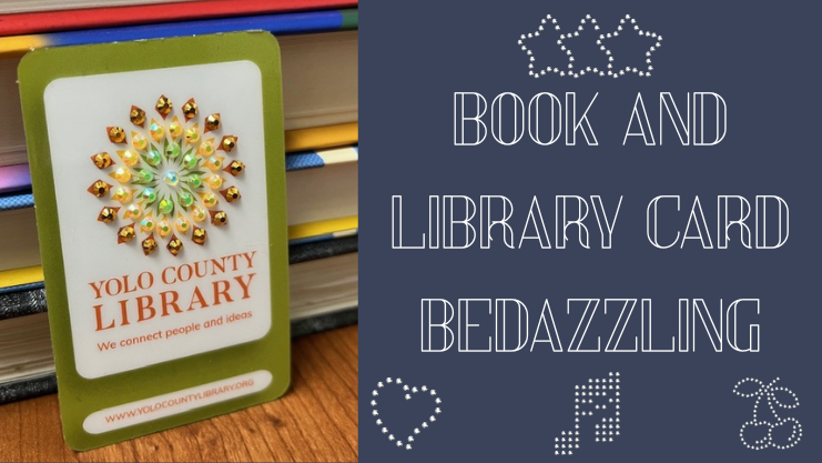 Green Yolo County Library card with orange, yellow, and green gems decorating the petals of the printed YCL logo.