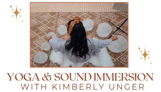 Yoga & Sound Immersion with Kimberly Unger. Abovehead shot from behind a woman with long black hair sitting on a rug surrounded by white singing bowls 