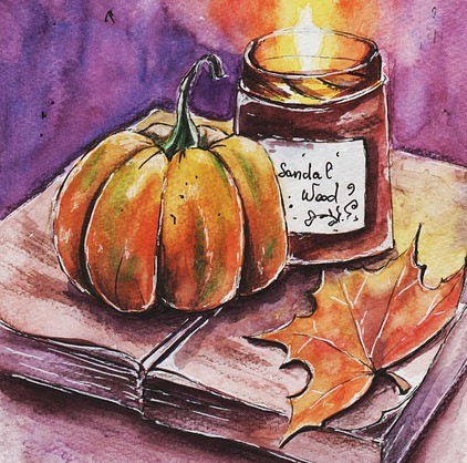 decorative water color painting of a small pumkin, flaming candle, and leaf on top of a book